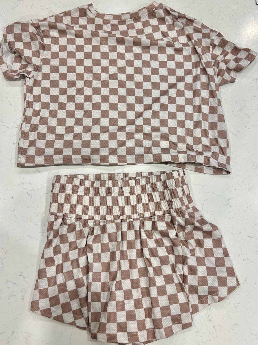Checkerboard Crop Top and Skort Set - Cream & Brown